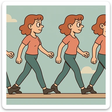 animated sequence of a woman walking on a horizontal runway, step-by-step walking frames, cartoon style sticker