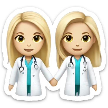 Two light skinned female doctors with long blonde hair and light eyes holding hands sticker