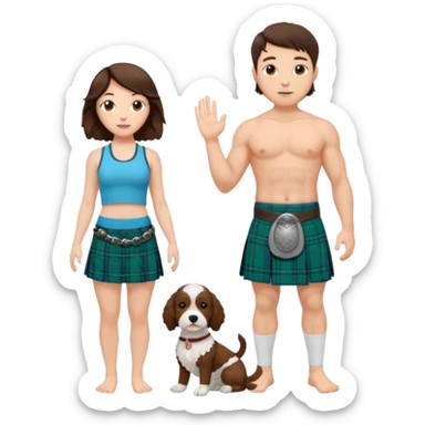 emoji of brunette man wearing kilt, brunette woman in yoga outfit and white cockapoo sticker