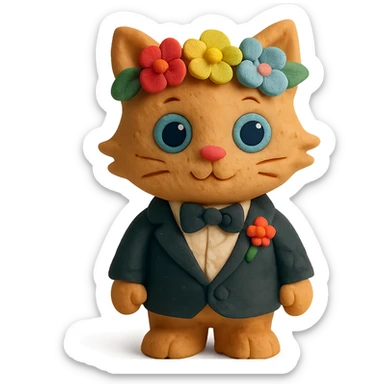 A kitten dressed in a tuxedo and wearing a flower crown sticker