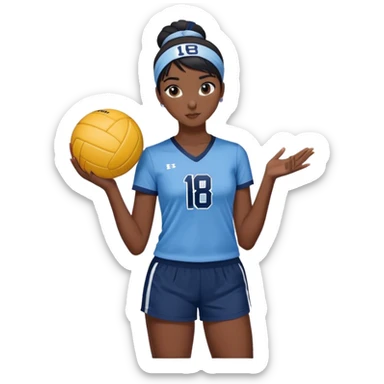 girl volleyball player with dark skin and black hair in a bun with a light blue headband, white and navy blue jersey with the number 18, navy blue shorts, and a volleyball in her hand sticker