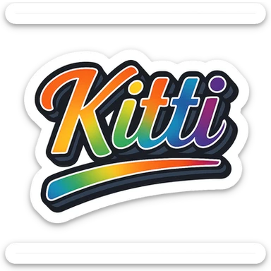 The text 'Kitti' (with a short i and double t) in modern, precise Hungarian letters with a rainbow gradient fill, extra thick white letter outline, dark contour, transparent background, dynamic and slanted underline, styled in the manner of the reference sample images. sticker