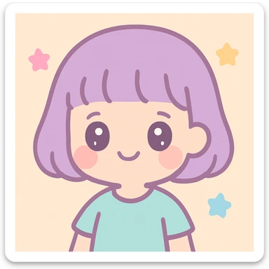 cute girl with blunt bangs, mid-short hair, big eyes, kawaii cartoon style sticker