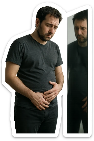 uomo che si guarda allo specchio triste mentre si tocca la pancia, pensieroso, iperrealistico 4k sticker