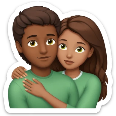 Couple embracing with arms around each other; black woman with brown eyes and lush brown hair, white man with brown hair and green eyes sticker