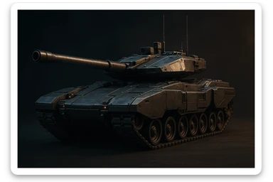 futuristic military tank 2025, 3D render, metallic textures, dramatic lighting sticker