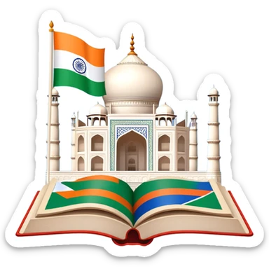 An icon featuring the Taj Mahal and the flag of India, symbolizing the Hindi language. The design includes an open book with Hindi script, representing language learning and cultural richness. Transparent background highlights the heritage of India. sticker