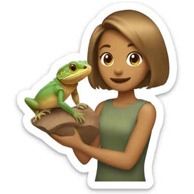 girl with light brown bob haircut holding bearded dragon lizard sticker