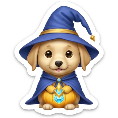 cute labrador puppy dressed as a wizard with a pointed hat, friendly expression sticker