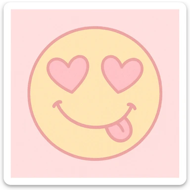 cute emoji, heart eyes, playful grin, pastel pink and yellow sticker