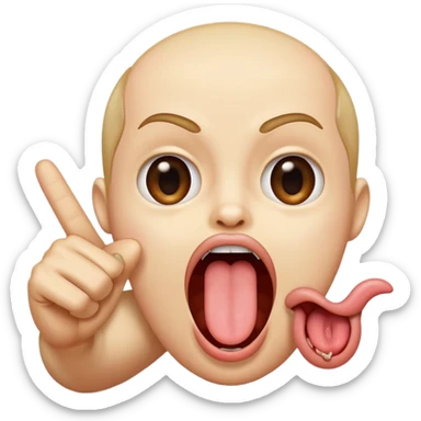A finger pointing at an open mouth with the tongue out to indicate hungry sticker