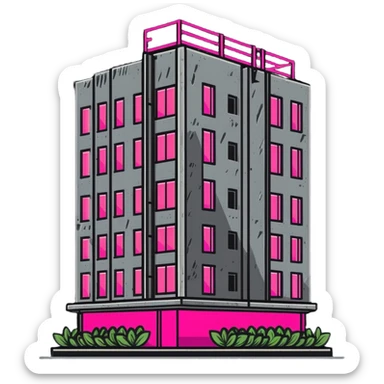 Soviet-era concrete panel apartment building with bright neon pink glow from a window where plants are growing sticker