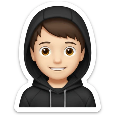 A brunette boy, short straight hair, light brown eyes, with a black sweatshirt with a hoodie, and smile without visible teeth  sticker