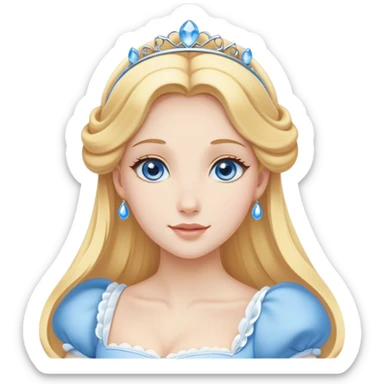 Cinematic Elegant Cinderella Portrait Emoji, Graceful and poised in her classic maid attire, golden locks cascading softly, bright blue eyes full of hope, a gentle glow of kindness and determination, delicate and humble yet undeniably beautiful, evoking the moment before her magical transformation, pure enchantment in her gaze! sticker