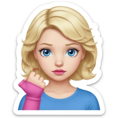 Girl Blonde short wavy hair,  blue eyes, cute blue top, long lashes, pink lips, thumbs down  sticker