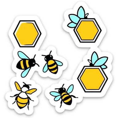 Several pictures of hives with bees buzzing around sticker