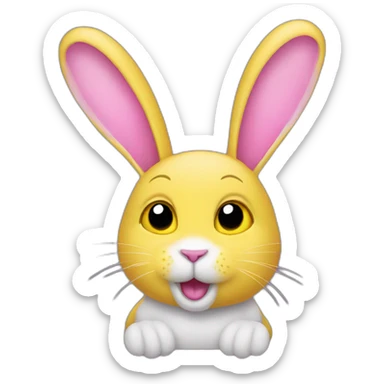 rabbit pink, falling ears, wears teeshirt yellow sticker