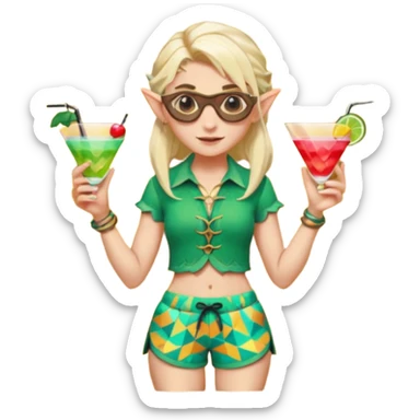 elf female legolas portrait, patterned board shorts (geometric/abstract), unique wooden-framed sunglasses, undercut hairstyle, slight smirk, visible pointy ears, no background, centered emoji, hipster summer vibe coctails  sticker