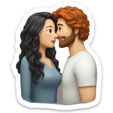 a bearded man with medium-length dark hair kissing a woman with long red hair sticker