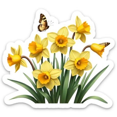 Bright yellow daffodils in full bloom with delicate brown butterflies fluttering around. Warm sunlight enhances the earthy and golden hues, creating a cozy, vintage feel. sticker