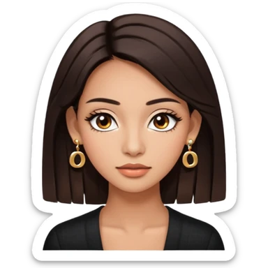 girl with brown asian eyes, long eyelashes, layerd mid length hair dark brown, tanned skin with Chanel earrings  sticker