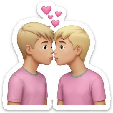 There are two boys kissing, because they are in love. Boy 1 is wearing a gray shirt and has blonde hair, boy 2 is wearing all pink and has light brown hair. sticker