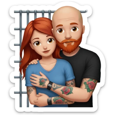 Make a long brown haired, brown eyed pretty girl, hugging a guy that is bald with a red beard and a sleeve of tattoos in jail sticker
