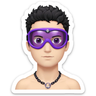 shirtless male athlete with white skin and moderately curly black hair on top with shaved sides, wearing purple ski goggles with black tinted lenses, and a simple plain black chain necklace, no earrings sticker