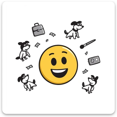 Yellow emoji with karate dogs, a briefcase, money, a phone and a paintbrush flying in its aura sticker