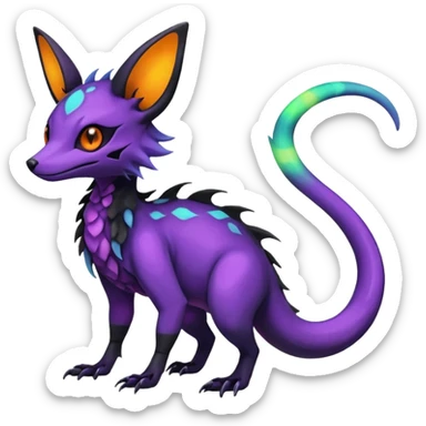 Rare epic aesthetic iridescent bioluminescent spooky gloomy colorful Salandit-Noibat-Eevee-Genet-species-Fakemon-hybrid-creature, with markings, full body sticker