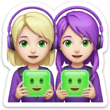 Make a blonde girl with green glowing headset on and a purple hair girl haveing fun , make them chibi emojis ,make them animated sticker