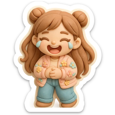 3D chibi girl in fondant cake art style, high-quality rendering with smooth shadows and soft gradients, long brown hair in two space buns, brown eyes, jeans, pastel floral cardigan, thick white outline like a sticker, transparent background, laughing to tears holding her belly, preserve facial features from reference image sticker