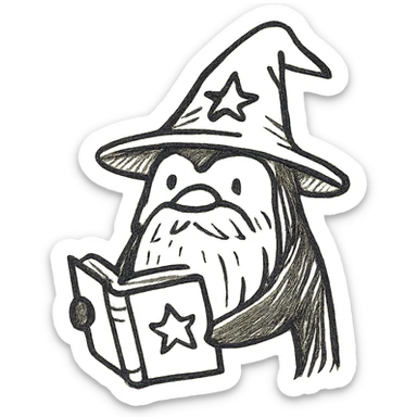 penguin wizard with a long beard, holding a spellbook, hand-drawn black outline style sticker