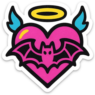 gothic heart with a bat motif, pop colors style, pink and black sticker