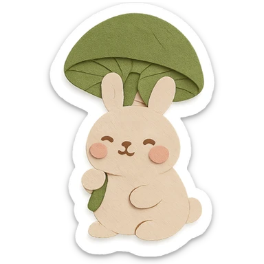 chubby bunny holding a mushroom umbrella, pastel beige and moss green, paper craft style sticker