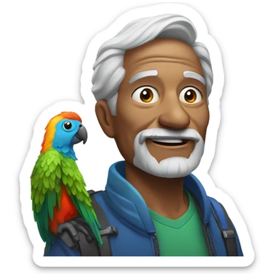 Old man with gray hair portrait with a colorful parrot on his shoulder  sticker