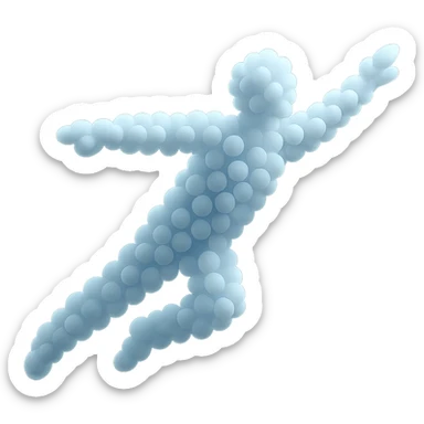 a person flying, entirely made of small, very bright white fluffy convex clouds, minimalist, airy, glowing, matte glass style, no background sticker