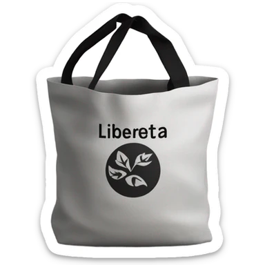 Gray ecological bag with black handles. The black inscription "Liberta" on the bag. Inside - a roll of fabric sticker