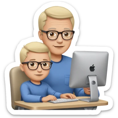 Middle aged man with glasses working at his desk, with his child sitting behind him on the headrest of his chair looking at his computer sticker