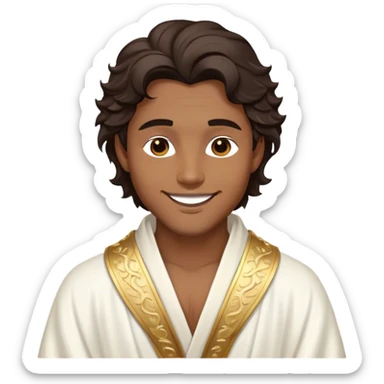 Cinematic Realistic Hercules Portrait, head tilted playfully and inquisitively, capturing the spirit of a timeless Greek hero with a warm, inviting smile. His bronze, marble-like skin and thick, wavy dark hair are rendered with classical precision, while his flowing white robe with delicate golden embellishments accentuates his muscular form. Soft natural light brings out the playful yet powerful essence of this legendary figure. sticker