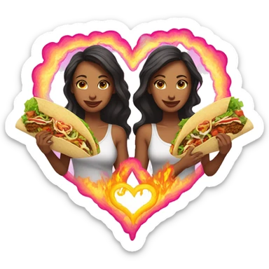 two women eating tacos, riding a unicorn surrounded, a neon heart that’s on fire sticker