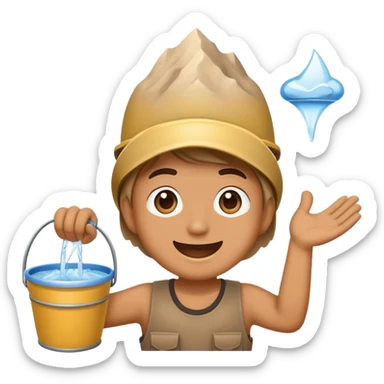an emoji with a cheerful face holding a bucket of water and a mountain of dust in front of it sticker
