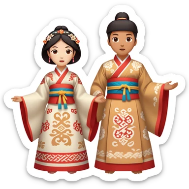 Cinematic Realistic scene of two performers engaging in Ganggangsullae, dressed in traditional Korean costumes with intricate patterns and graceful movements, illuminated by soft, festive lighting that accentuates the cultural ambiance sticker