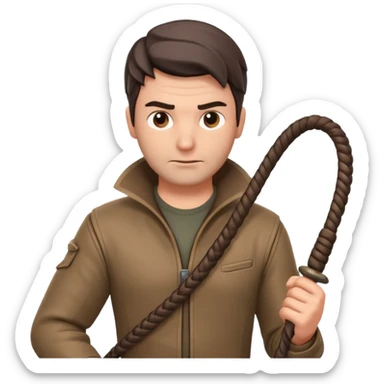 man with a whip portrait, head and shoulders only, whip coiled on shoulder, rugged outfit, confident look, 3D cartoon, mobile game icon style, clean background, no text, no watermark
 sticker
