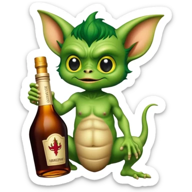 A gremlin holding a Hennessy bottle sticker