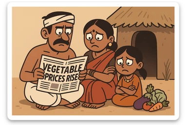 cartoon-style image of a tribal Indian family sitting outside their hut, looking at a newspaper headline about rising vegetable prices, worried expressions, small pile of vegetables sticker