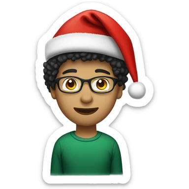 Unisex person ’light skin’ ’short curly dark green hair’ in a ’red Santa hat’ and black teacher  sticker