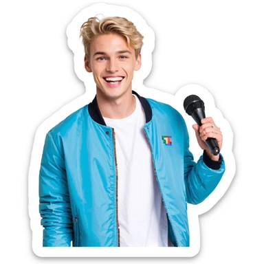 Pixel art style, expressive male performer, Caucasian features, short sandy blonde hair, lively eyes, wide cheerful smile, wearing a sky blue jacket over white tee, tossing a microphone in one hand, waist-up, front-facing sticker