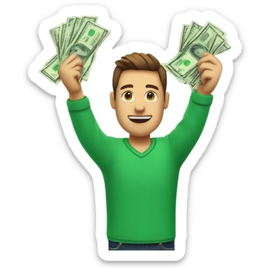 man who in this right hand hold money and it left hand hold a phone and he holds his hands up  and the money color green hands doesn't stick to each other sticker