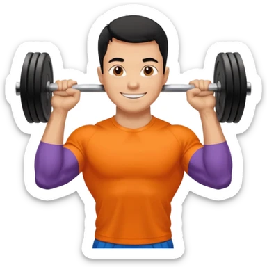 Mach mir einen glücklichen typen der im gym trainert und viele muskeln hat mit einem orangen sport thshirt und schwarzen kurzen haaren sticker